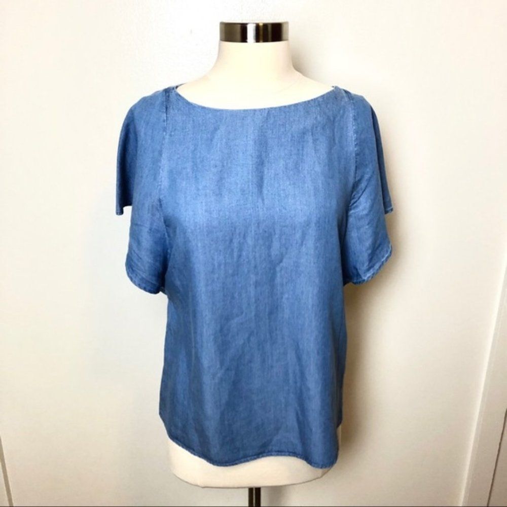 Chambray Massimo Dutti Flutter Sleeve Top (NWT)